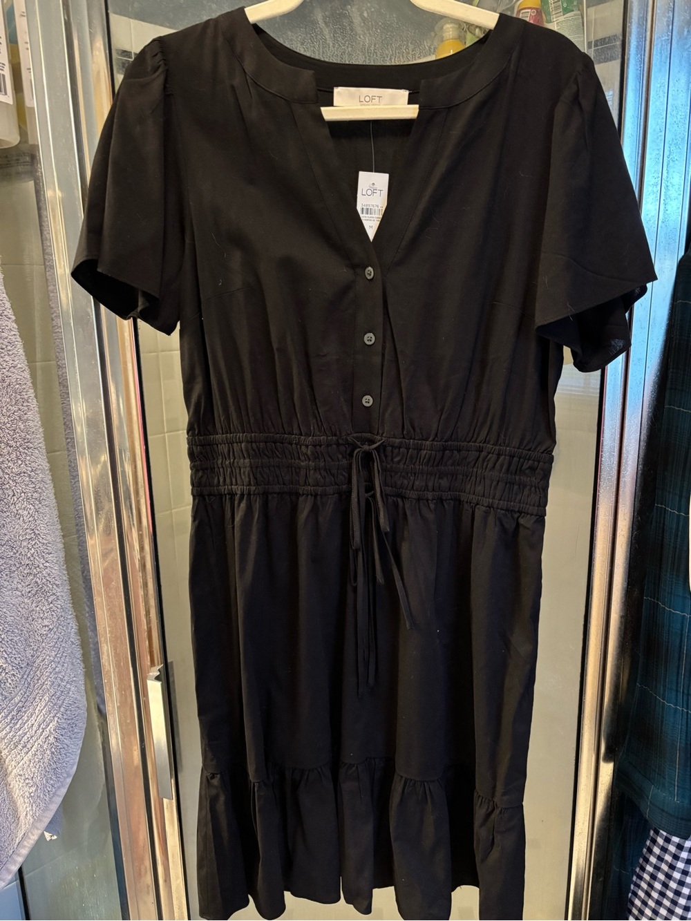 LOFT Black Short-Sleeve Button Midi Dress with Drawstring Waist